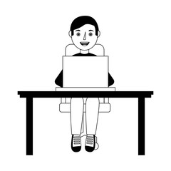 Sticker - happy young man sitting at the desk in chair with laptop vector illustration