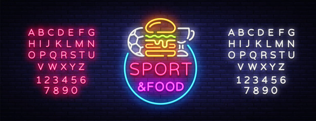 Wall Mural - Sport Food Neon Sign Vector. Sports food logo in neon style, light signboard, bright billboard, night neon, sports bar, pub, dining room, football online, fan club. Vector. Editing text neon sign