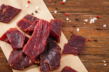 Canvas Print - Beef Jerky Background. Selective focus.