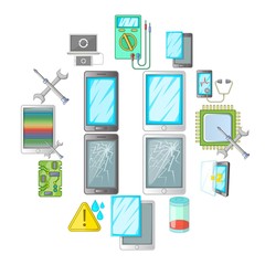 Poster - Broken phones fix icons set. Cartoon illustration of 16 broken phones fixl vector icons for web