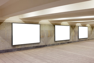 Wall Mural - Three blank billboard advertisement posters on underground wall. 3d illustration