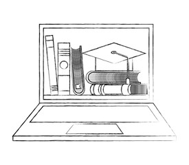 Sticker - e-learning laptop books on screen graduation hat vector illustration sketch