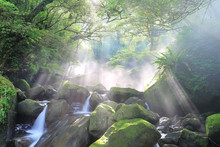 Beautiful Waterfalls And Sunbeams In Jungle ~ Refreshing Cascades In A Mysterious Forest With Rays Of Sunlight Shining Through The Misty Air In Lush Greenery ~ River Scenery Of Taiwan