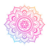 Fototapeta  - Round gradient mandala on white isolated background. Vector boho mandala in green and pink colors. Mandala with floral patterns. Yoga template