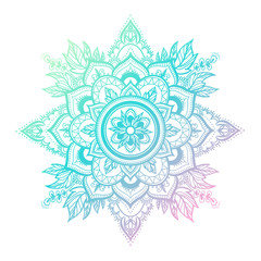 Wall Mural - Round gradient mandala on white isolated background. Vector boho mandala in green and pink colors. Mandala with floral patterns. Yoga template