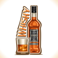 Vector illustration of alcohol drink Whisky, old brown bottle of premium scottish booze, half full tumbler glass with ice cubes, original typeface for word whisky, outline composition for bar menu.