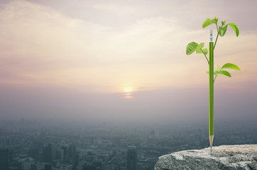 Eco green pencil with leaf on rock over aerial view of cityscape at sunset, vintage style, Business ecology concept