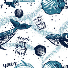 Vector Seamless Nautical Pattern With Whales, Seashells And Dolphins. 2 Hand Drawn Lettering Phrases: "ocean Air Salty Hair" And "keep Your Spirit Salty".