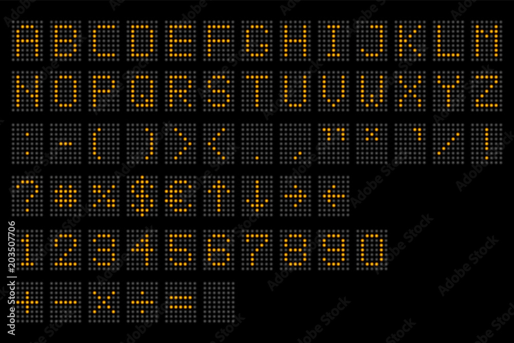 Led digital alphabet. Electronic number and alphabet digital display, letters and symbols. Digital terminal table led font, with grid. Vector illustration.