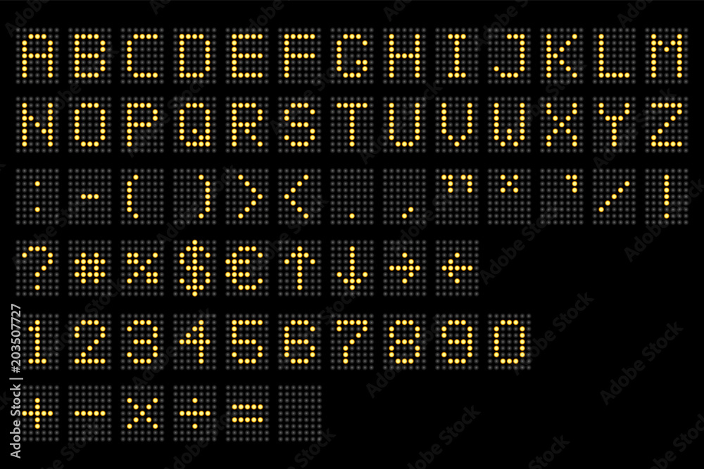 Led digital alphabet. Electronic number and alphabet digital display, letters and symbols. Digital terminal table led font, with grid. Vector illustration.