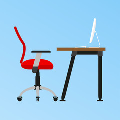 Wall Mural - Office chair and the desk with computer. Office interior elements in flat style. Vector illustration.