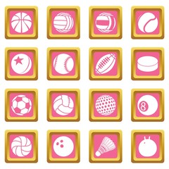 Wall Mural - Sport balls icons set vector pink square isolated on white background 