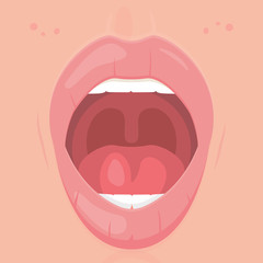 Wall Mural - Open mouth with teeth and tongue.Funny expression mouth showing tongue. Medical poster, dental card