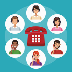 Sticker - Call center agents working with telephone vector illustration graphic design