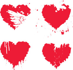 Poster - Vector set of red graphic abstract heart icons with ink blots, brush strokes, drops. Bloody hearts with spots and splashes on white background