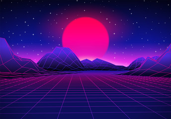 Poster - Retro futuristic landscape with sun and shiny grid