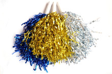 Blue, Gold And Silver Pompoms On White Isolated Use For Sport Cheer Background
