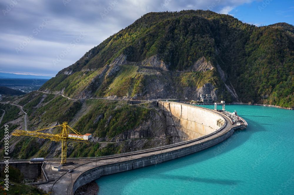 The Enguri hydroelectric power station HES. The Jvari Reservoir next to ...