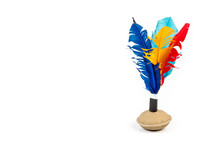 Handmade Shuttlecock Toy With Colourful Feathers On White Background