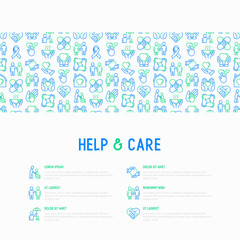 Wall Mural - Help and care concept with thin line icons: symbols of support, help for children and disabled, togetherness, philanthropy and donation. Modern vector illustration, template for print media.