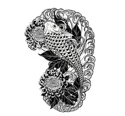 Sticker - Koi fish and chrysanthemum tattoo by hand drawing.Tattoo art highly detailed in line art style.