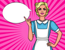 Vector Comic Pop Art Style Illustration Of Pretty Cute Housewife Pointing Finger Up. Poster 50s Of Young Smiling Woman In Apron