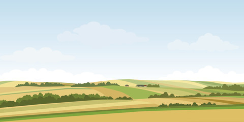 green hill countryside landscape. vector illustration of panorama field landscape and cloud sky.