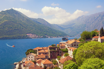 Summer Mediterranean landscape. Montenegro, view of Perast town. Travel, vacation concept