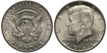 United States Coin Half Dollar 1964, American Eagle In Circle Of Stars, Olive Branch And Arrows, President Kennedy’s Head Left, Date Below, Silver,