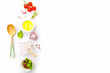© jarvna - Ingredients for cooking, tomatoes and oil in dish, spices herbs and organic vegetables on a trendy quadruple white plate, healthy food and diet concept, Top view copy space