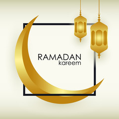 Aufkleber - Ramadan Kareem greeting background with islamic golden moon, arabic gold lantern and frame. Design for banner, poster, holiday card. Vector.