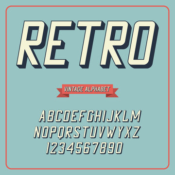 Retro font and alphabet. Slanted alphabet and numerals. Vintage typography, letters with shadow. Vector illustration.