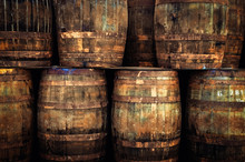 Detail Of Stacked Old Wooden Whisky Barrels