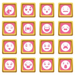 Sticker - Smiles icons set vector pink square isolated on white background 