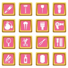 Wall Mural - Hairdresser icons set vector pink square isolated on white background 