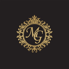 Initial letter MG, overlapping monogram logo, decorative ornament badge, elegant luxury golden color