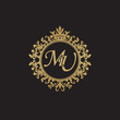 Initial letter MU, overlapping monogram logo, decorative ornament badge, elegant luxury golden color