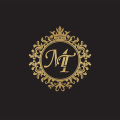 Initial letter MT, overlapping monogram logo, decorative ornament badge, elegant luxury golden color