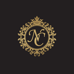 Initial letter NC, overlapping monogram logo, decorative ornament badge, elegant luxury golden color