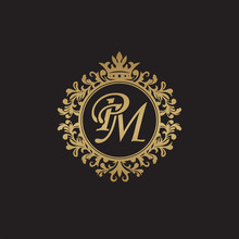 Initial Letter PM, Overlapping Monogram Logo, Decorative Ornament Badge, Elegant Luxury Golden Color