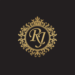 Canvas Print - Initial letter RJ, overlapping monogram logo, decorative ornament badge, elegant luxury golden color