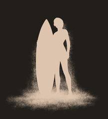 Wall Mural - woman posing with surfboard. surfing emblem for web design or print. silhoutte composed of particles