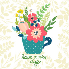 Vector card with beautiful bouquet in the cup and hand written text 