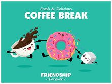 Vintage Food Poster Design With Vector Donuts, Coffee, Sugar Characters.