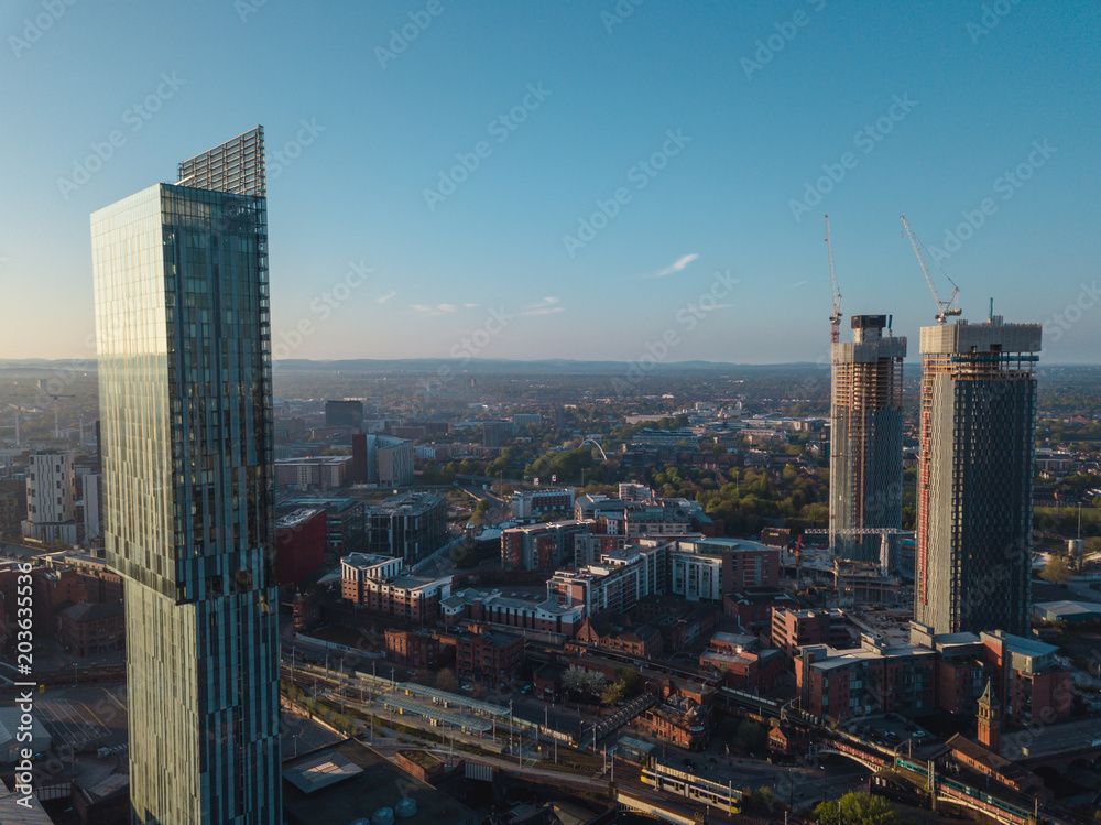 Manchester City Centre Drone Aerial View Above Building Work Skyline Construction Blue Sky Summer - obrazy, fototapety, plakaty 