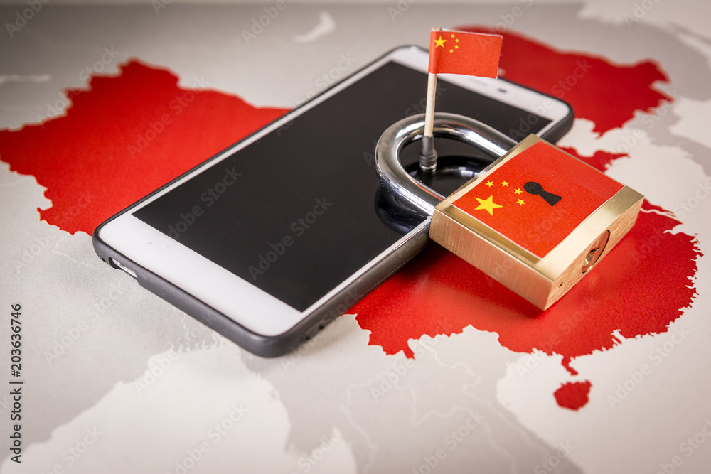 Padlock, China flag on a smartphone and China map, symbolizing the ...