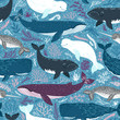 Vector seamless pattern with whales. Repeated texture with marine mammals: narwhal, blue whale, beluga whale, white whale and sperm whale. Blue sea background with animals.