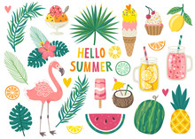 Set Of Cute Summer Icons: Food, Drinks, Palm Leaves, Fruits And Flamingo. Bright Summertime Poster. Collection Of Scrapbooking Elements For Beach Party.