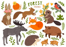 Vector Set Of Cute Forest Animals: Fox, Hedgehog, Wild Boar With Baby, Rabbit, Elk, Squirrel, Beaver, Snail, Bullfinch. Cartoon Characters Are Isolated On White.