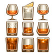 Vector set of different glassware, 9 half full glass cups with amber liquid, collection icons of alcohol drinks whiskey or whisky (neat and with ice cubes) various shape, isolated on white background.